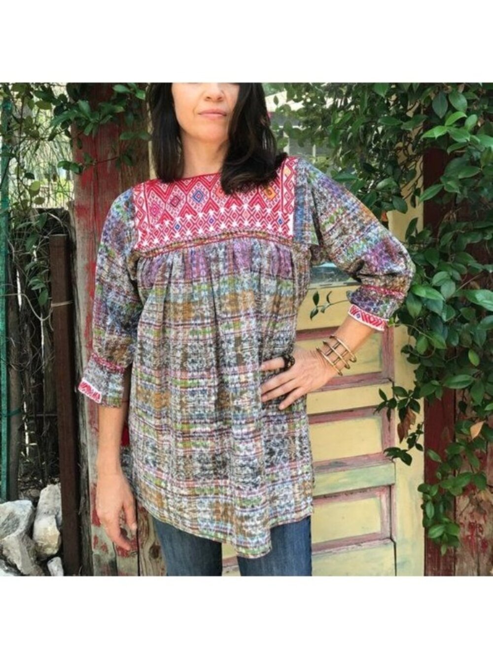 Mexican Embroidered Dress Tunic Huipil Marled Space Dye Cotton Organic Tie Dye S